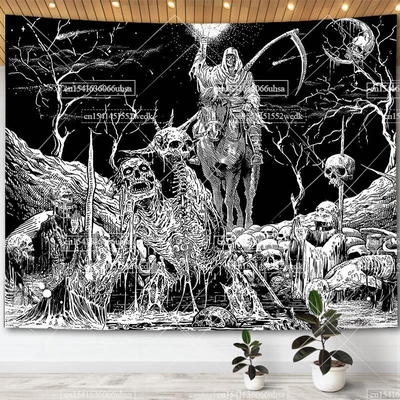 Czarno-biała czaszka gobelin księżyc gotycki szkielet gobelin hipisowska Mandala kwiatowe gobeliny do sypialni estetyczny wystrój plakat