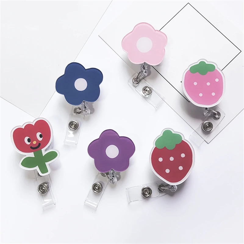 Cartoon Flower Work Card Sleeve Clip Retractable Easy Pull ID Holders Pass Bus Card Name Badge Reels Girls Nurse ID Tag Case