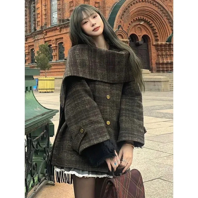 

Autumn/Winter New Retro Plaid Cloak Shawl Woolen Coat Women Winter Clothes Korean Style Chic Loose Wool Outerwear Women Top