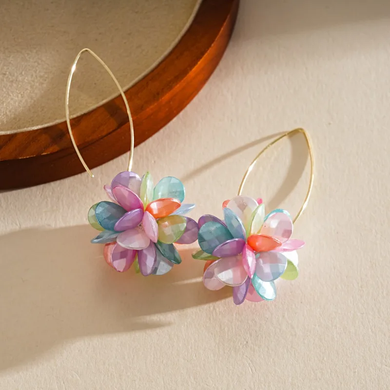 Bohemian Multicolor Flower Cluster Drop Earrings Elegant Imitation Pearl Dangle Earrings Sweet Ear Jewelry Vacation Travel K