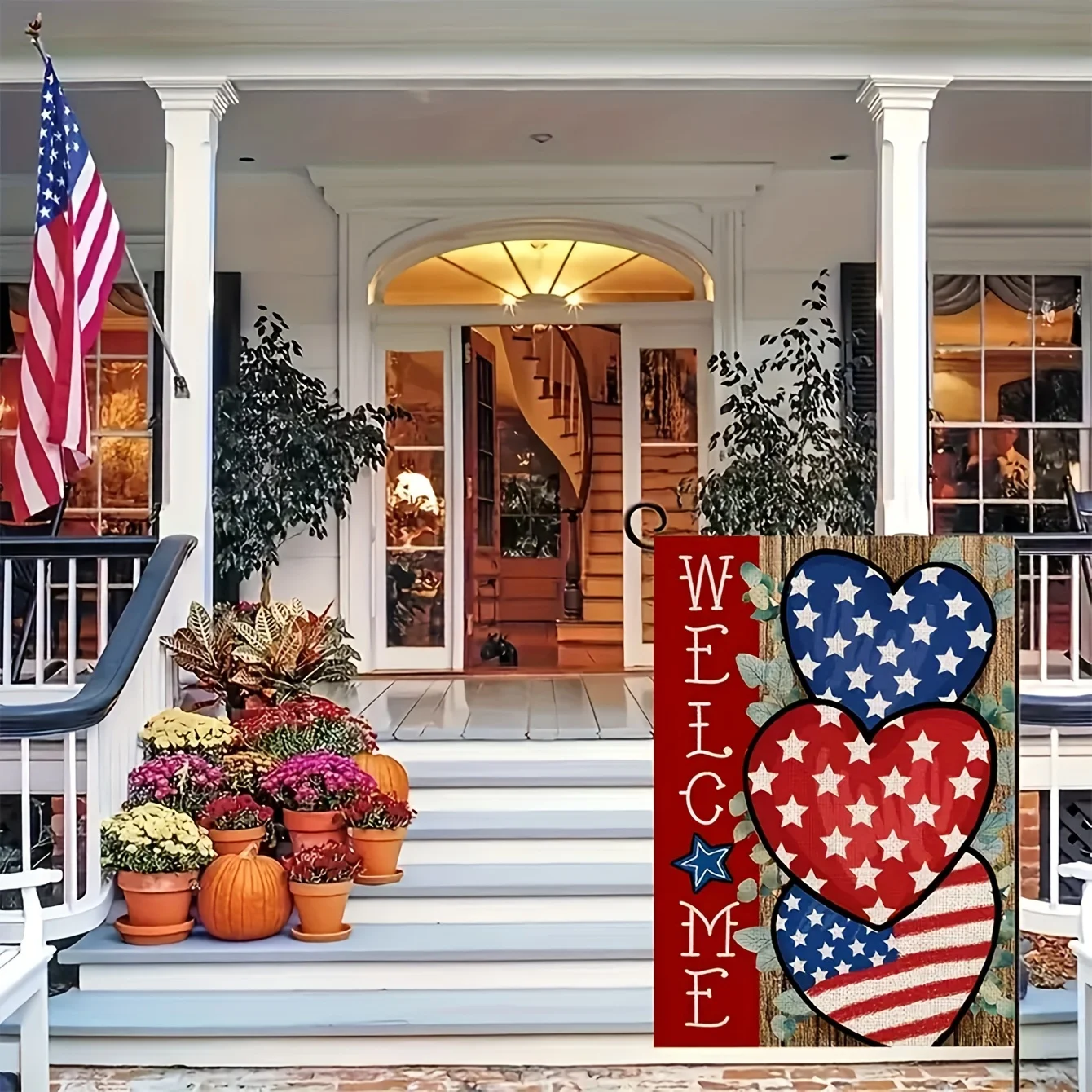 Welcome America 4th of July Garden Flag Double Sided USA Memorial Day Independence Day Patriotic Hearts Star Yard Flag