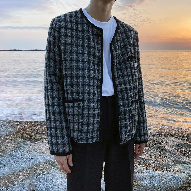 

Fashion Menswear Chic Weaved Plaid Jacket New Loose O-neck Single Breasted Long Sleeve Coat Male Tide Spring Winter 2022