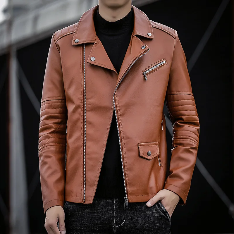 2024 Men's Autumn Slim Fit Motorcycle PU Leather Jacket Youth Lapels Oblique Zipper Casual Leather Clothing