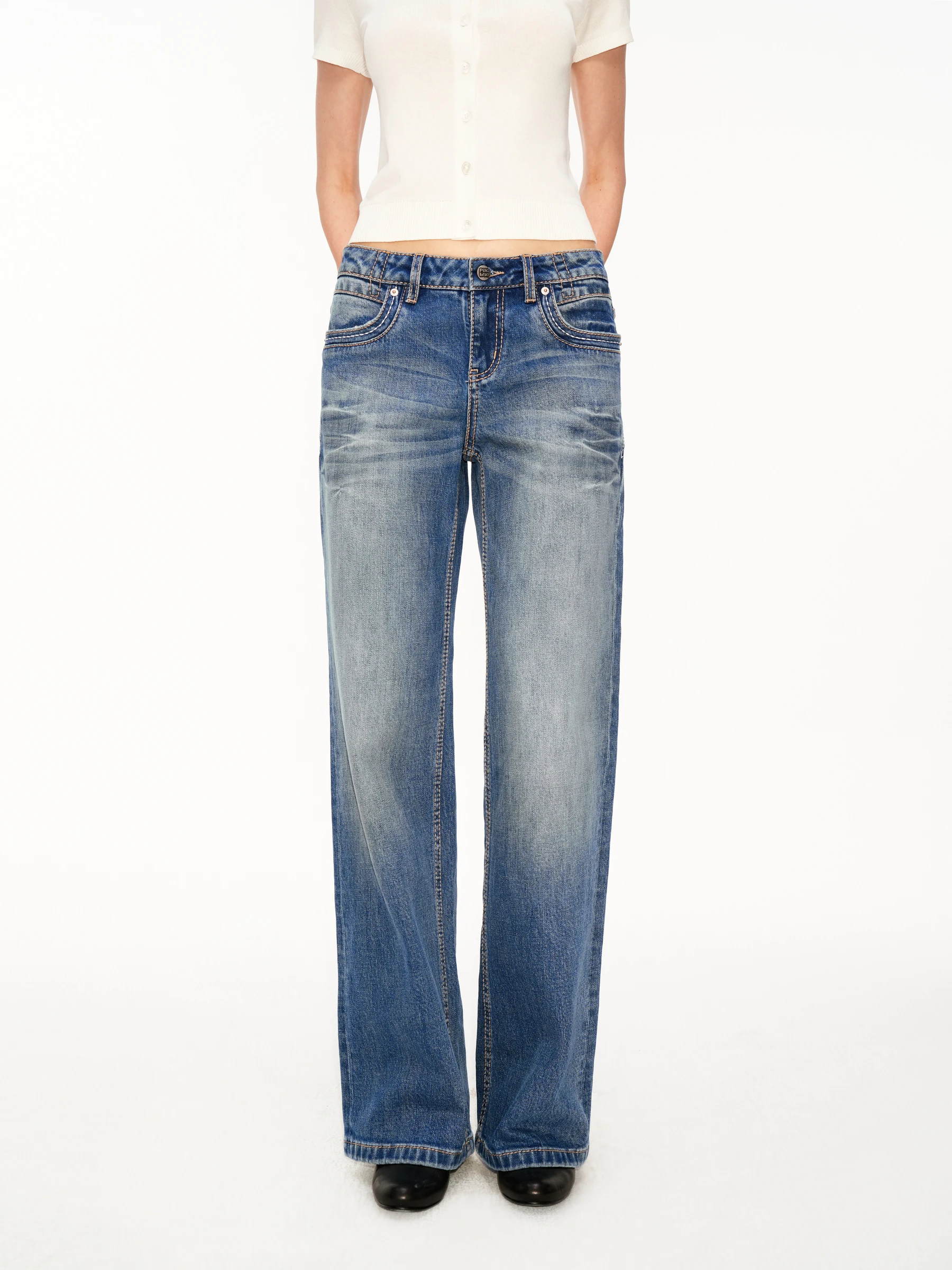 

Washed Cotton Straight Leg Low Waist Jeans 3D Scratch PUKI Retro Thickened Line Ladies Fashion Summer Jeans