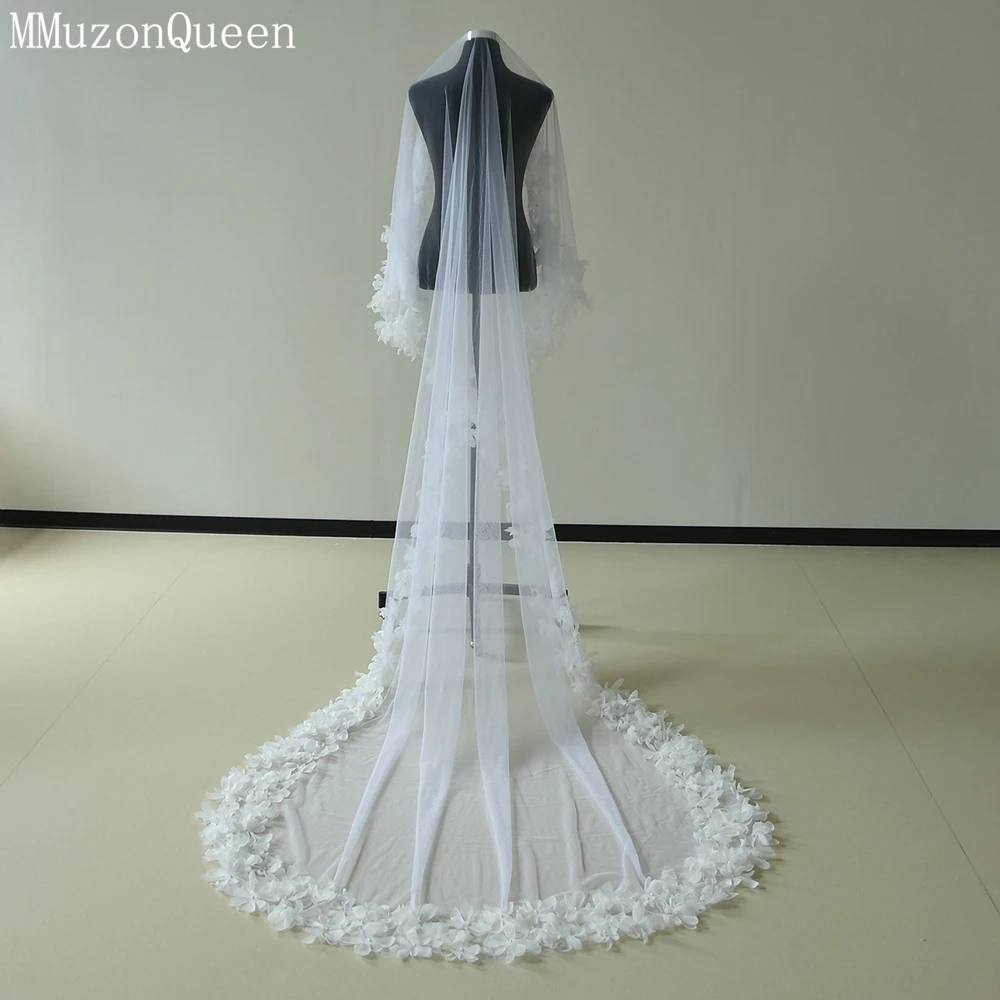 MMQ M97 vestido de novia largo, velo de perlas de flores tridimensionales, temperamento suave, tul de veilbridal de una sola capa