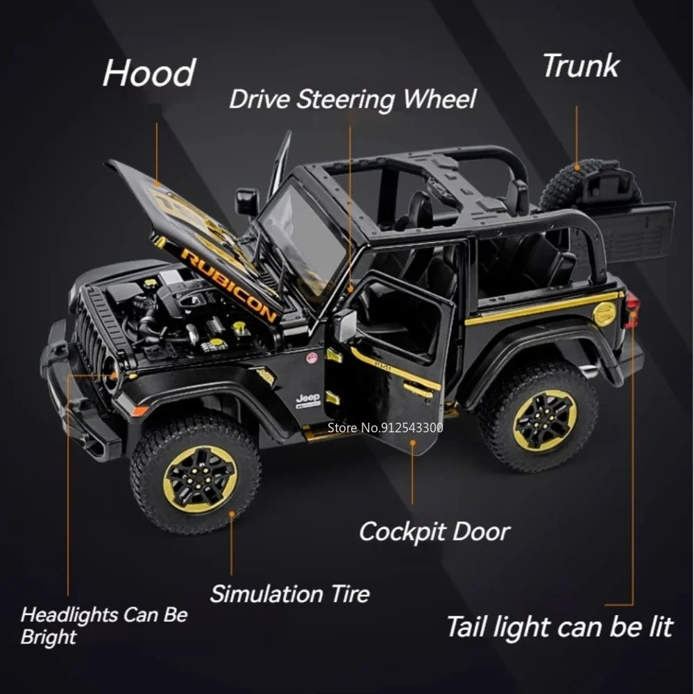 Maßstab 1:24 Wrangler Rubicon Automodell Spielzeug Legierung Karosserie Türen geöffnet Sound Licht zurückziehen Off-Road-Modelle Ornamente für Kindergeschenk