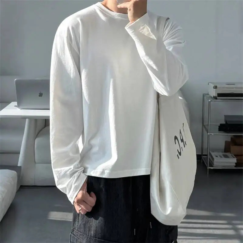 Color Simple Solid Long Sleeve TShirt for Men New Autumn Loose Fit Cotton Base pullover tops Korean Style Outfit KWSY