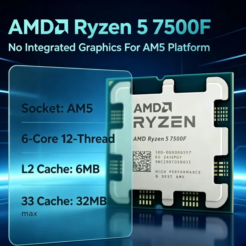 AMD Ryzen 5 7500F Desktop CPU Processor 6 Core 12 Thread AM5 Socket No Integrated Graphics For Gaming PC Build