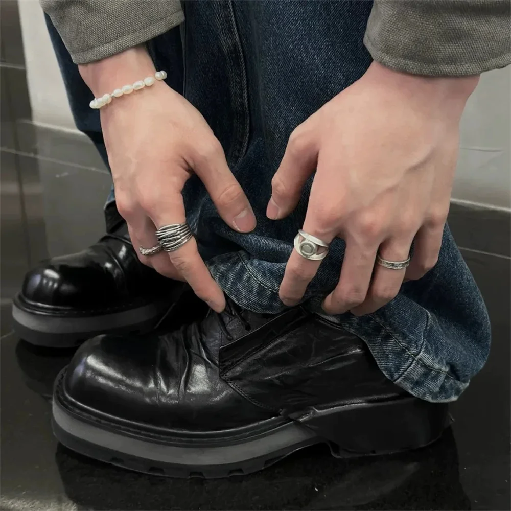 Dark Style Patchwork Pleated Round Toe Derby Shoes for Men Washed Business Casual Thick Soled Height Increasing Leather Shoes