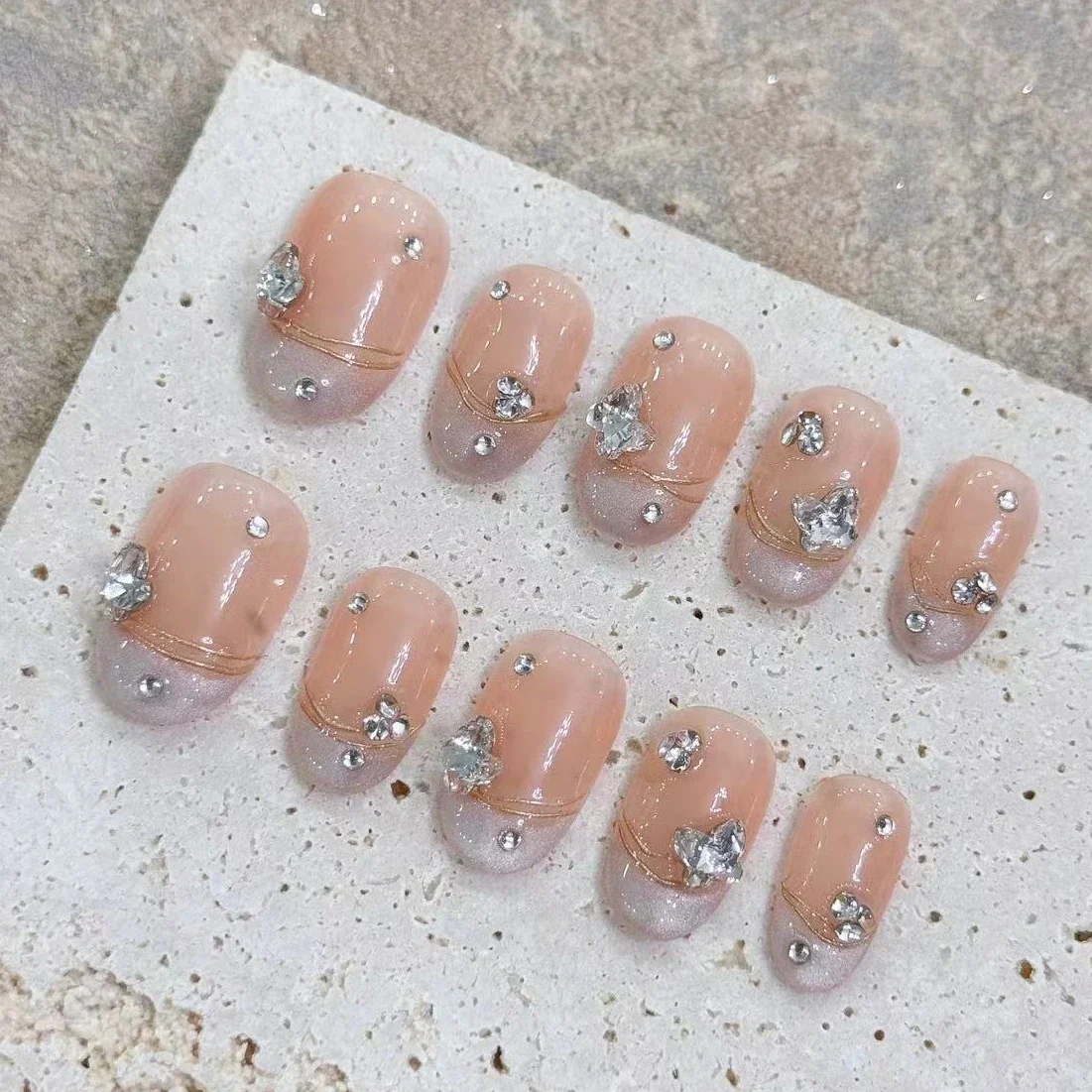 

10Pcs/Set Handmade Nail Press on French Blush Pink Nail with Diamond Sparkling Butterfly Reusable Acrylic Nail Art for Girls