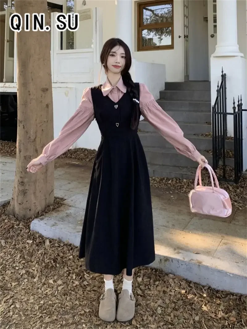 프랑스 레트로 스타일 여성용 스몰 스윗 숄더 스트랩 드레스 신상 폴로 카라 긴팔 셔츠 투피스 세트