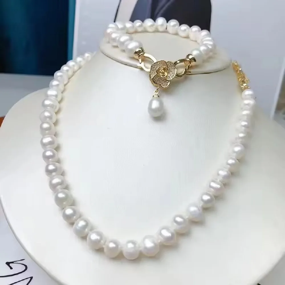 

Natural White Pearl AAA8-9mm Japanese Pearl Necklace 18inch+Bracelet 7.5-8inch Set 925s