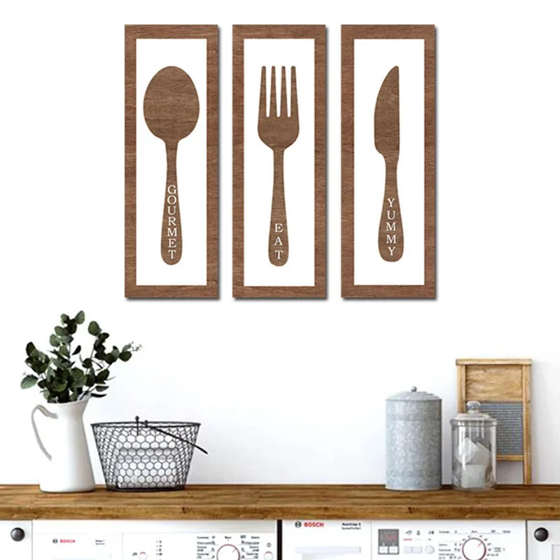 Wooden Fork Knife Spoon Eat Sign For Kitchen Wall Decor Kitchen Cutlery Rustic Wall Art Pendant Kitchen Restaurant Wall Decal