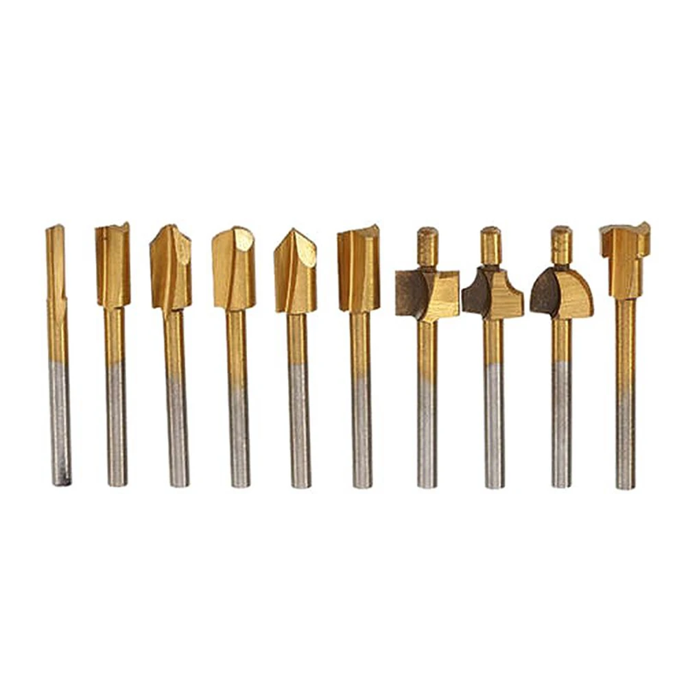 10個チタンhssルータービット木材フライスカッター1/8 "シャンク3ミリメートル大工トリミング彫刻ドリルビットdremel回転工具用