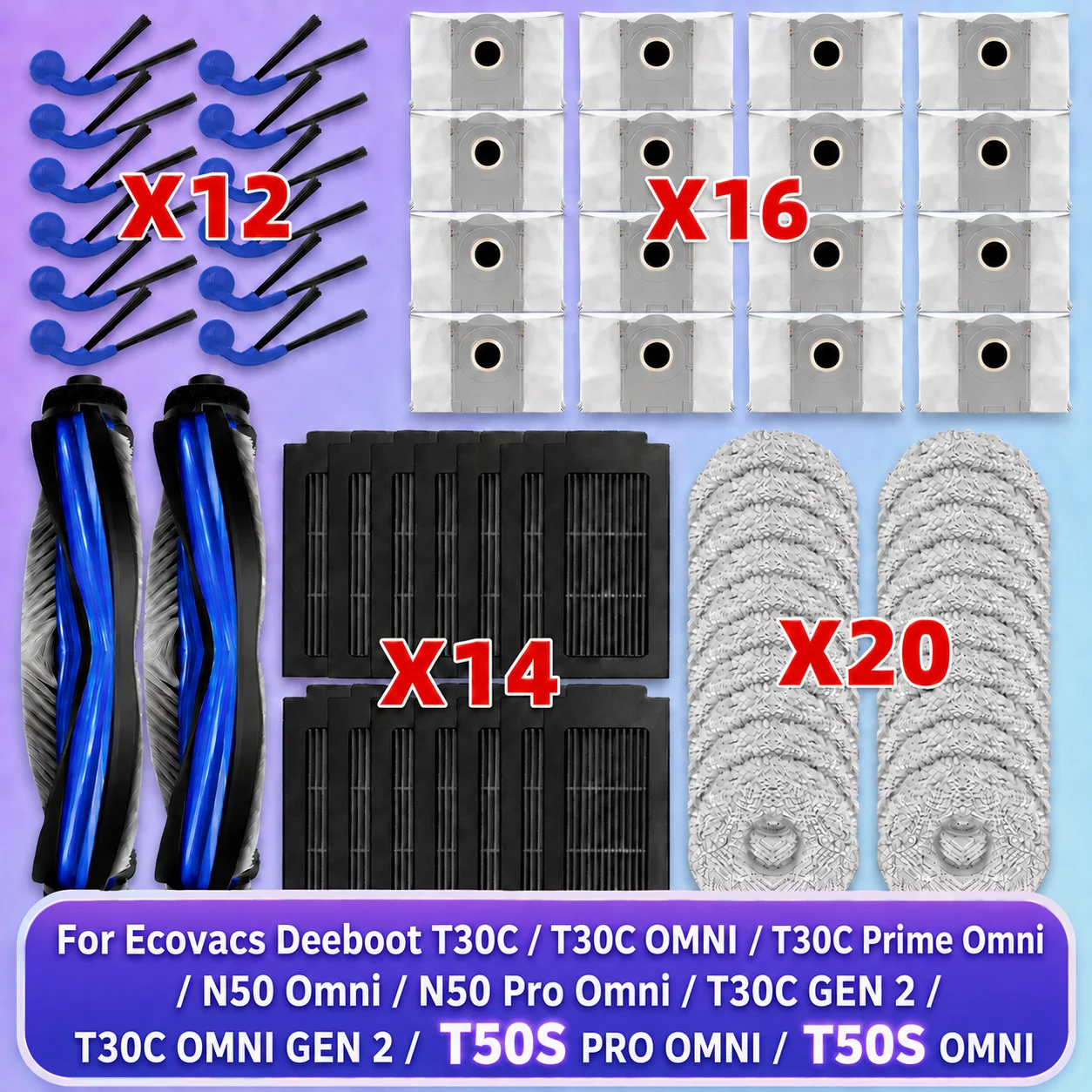 Für Ecovacs Deeboot T30C/T30C OMNI/T30C Prime Omni/T30C GEN 2/T30C OMNI GEN 2(Nicht T30C PRO/PRO OMNI), N50 OMNI/N50 Pro Omni, T50S PRO OMNI/ T50S OMNI Ersatzteile Haupt/Seitenbürste Filter Mopp