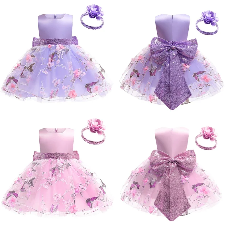 Butterfly Embroidery Newborn Baby Girls Dress High Quality Big Bow Christmas Little Princess Dress + Headband 2Pcs Kids Fashion