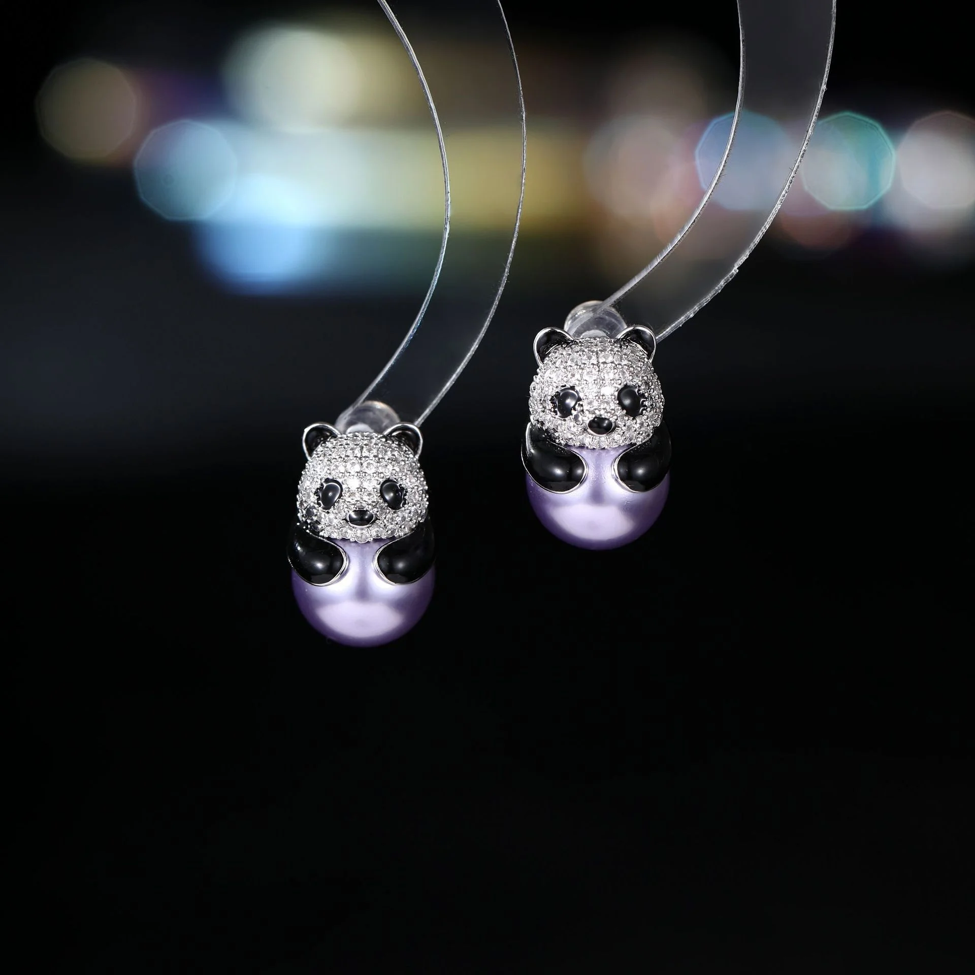 Cute micro-paved zircon panda pearl earrings s925 silver needle niche high-end light luxury earrings accessories for women