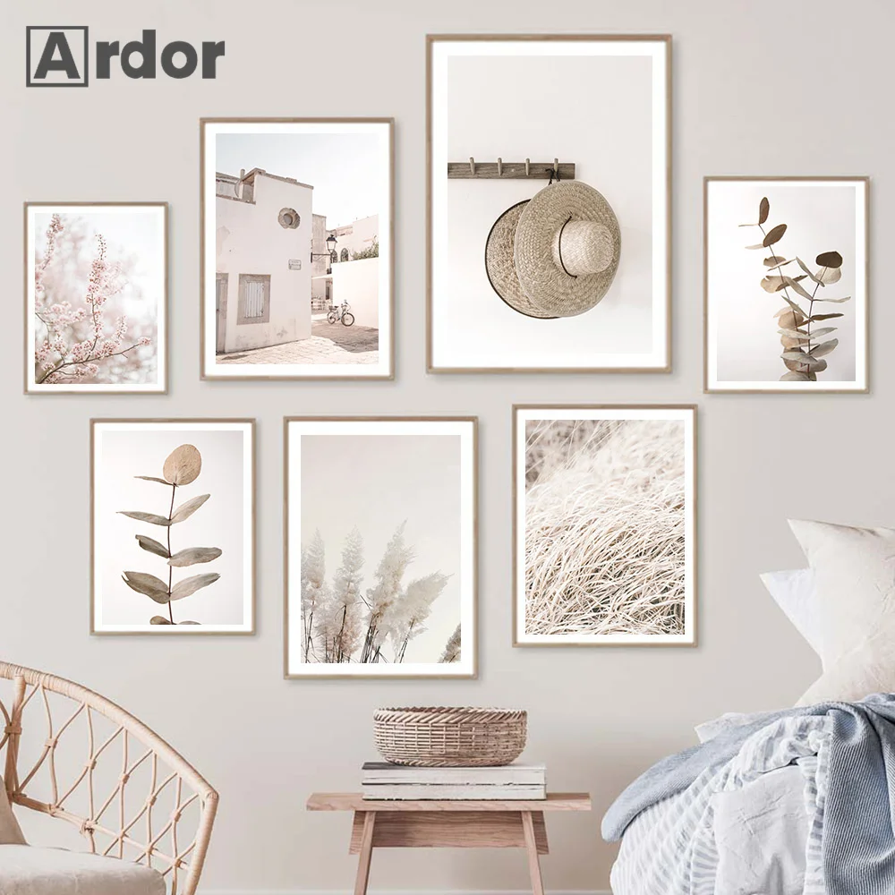 Nordic Architecture Posters Neutral Pastel Landscape Canvas Painting Modern Boho Plant House Wall Art Pictures Living Room Decor