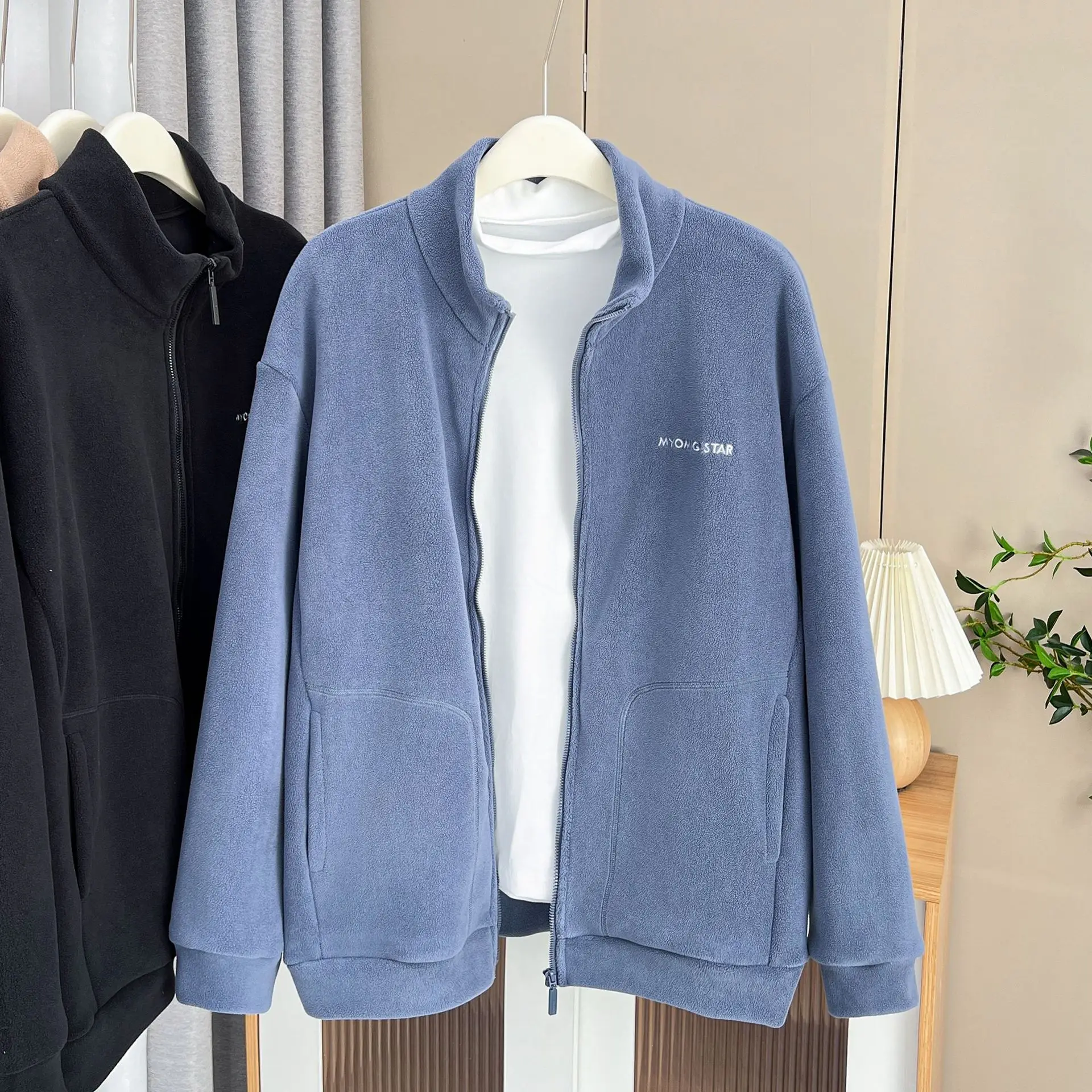 Chaqueta con capucha de lana de talla grande para mujer, ropa informal de moda, cuello alto, cremallera gruesa, prendas de vestir, abrigos de mangas