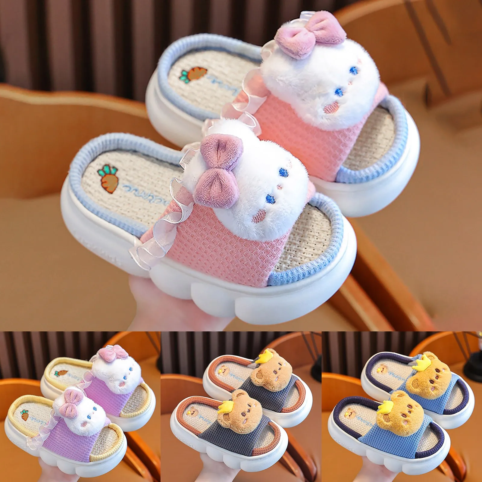 Pantofole invernali per bambini in lino Bowknot coniglio ragazze Cute Cartoon Home comode pantofole per bambini scarpe morbide e traspiranti antiscivolo