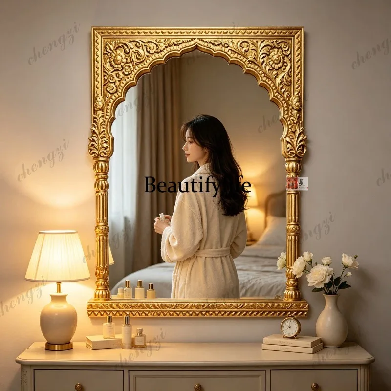 French retro carved living room decorative mirror wall-mounted entrance mirror sink makeup mirror