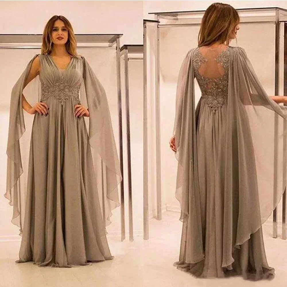 Elegante vestido de encaje de gasa para madre de la novia, cuello en V, chal de manga acampanada, talla grande, Formal, personalizado, vestidos de fiesta para mujer