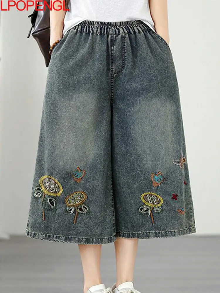 

2026 Thin Summer Women's Clothing Elastic Waist Jeans Artistic Retro Heavy Industry Embroidery Denim Wide Legs Calf-length Pants