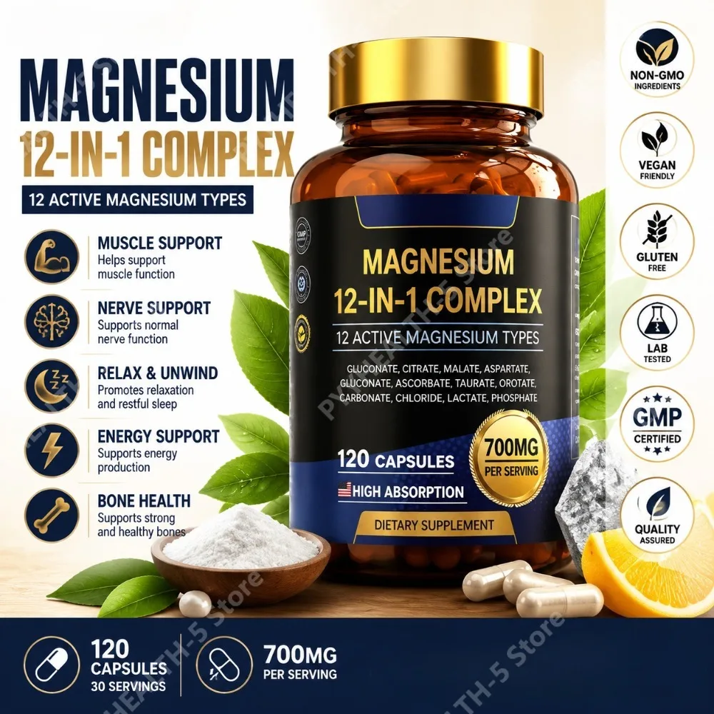 Magnesium 12-in-1 Complex Capsules, 700mg, Vegan, Non-GMO, Gluten-Free, Supports Daily Nutrition & Relaxation, 120 Count