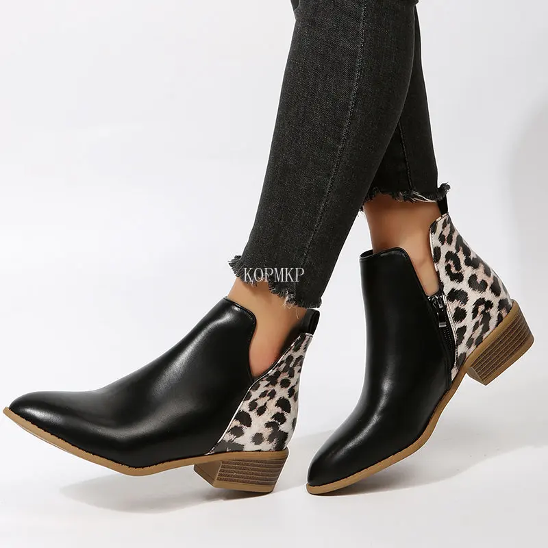 Autumn Winter Black Leopard print Women Ankle Boot Shoes for Women Short Boots Woman Waterproof Leather Ankle Wedge Casual Shoes