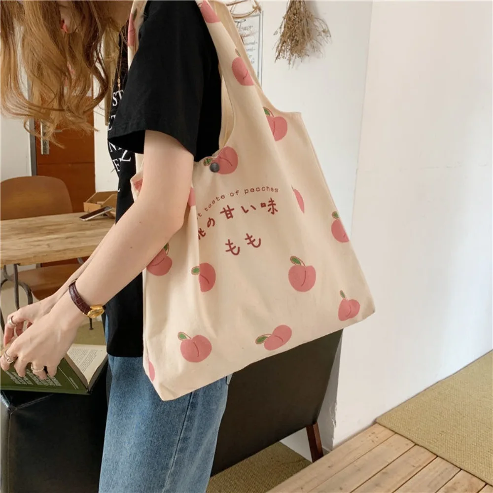 Cute Strawberry Tote Bag Aesthetic for School Girls Purses Shopper Designer Handbag Women Peach Print Eco Shoulder Bags