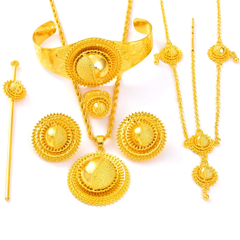 

Luxury Gold Plated Bridal Jewelry Sets for Women Ethiopian Pendant Hairpin Necklace Earrings Bangle Ring Wedding Gift