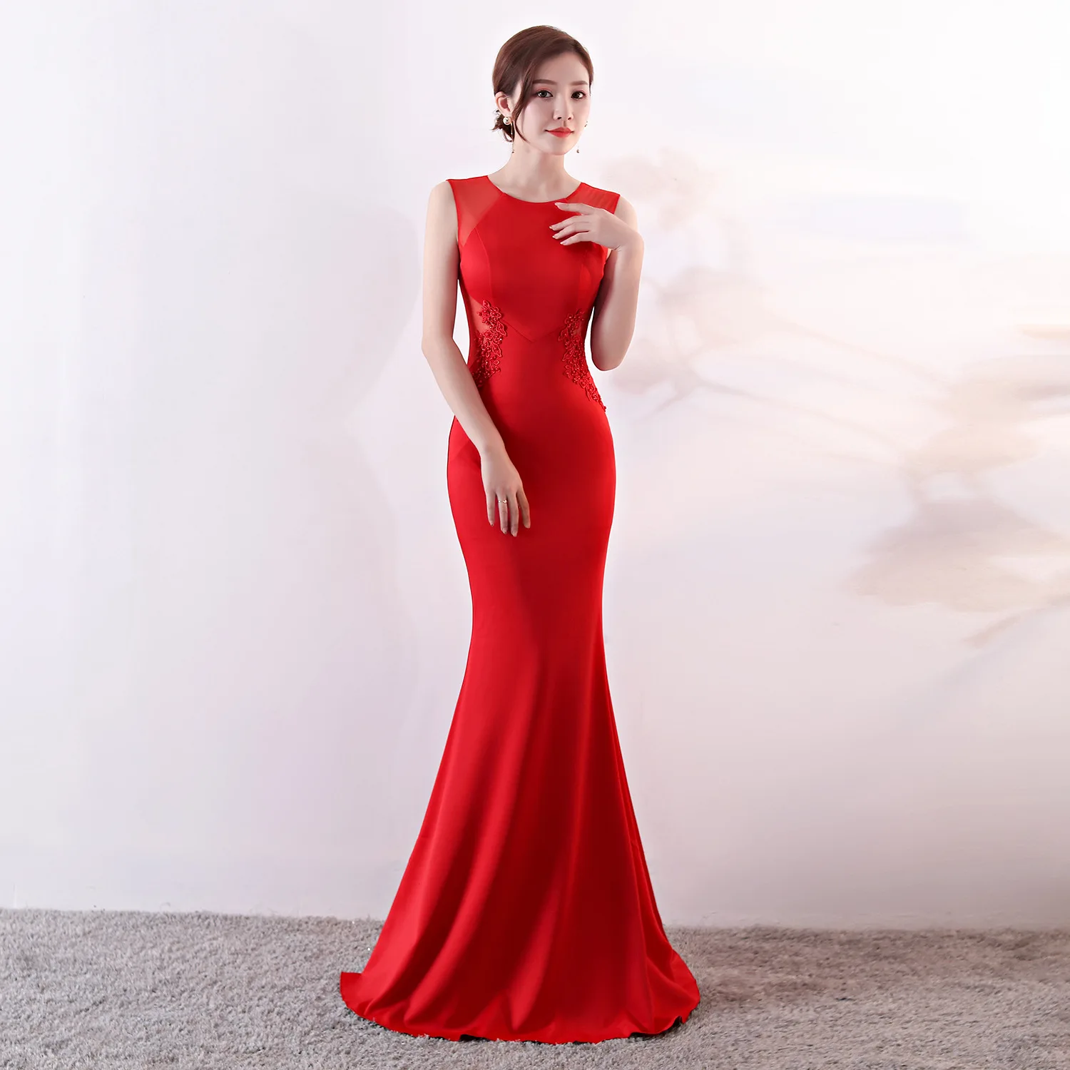 Evening Dress Red Appliques StretchyO-neck Sleeveless Zipper Back Mermaid Trumpet Floor Length Women Party Formal Gowns YE197