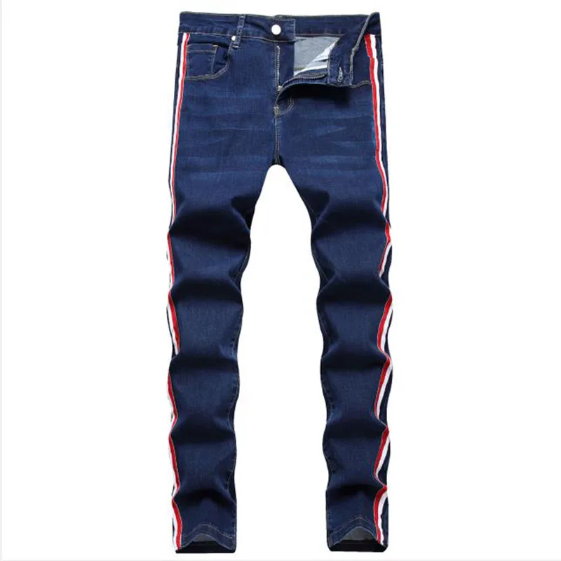 Pantalones vaqueros con rayas laterales para Hombre, Pantalón recto de algodón, elástico, estilo clásico, nueva moda