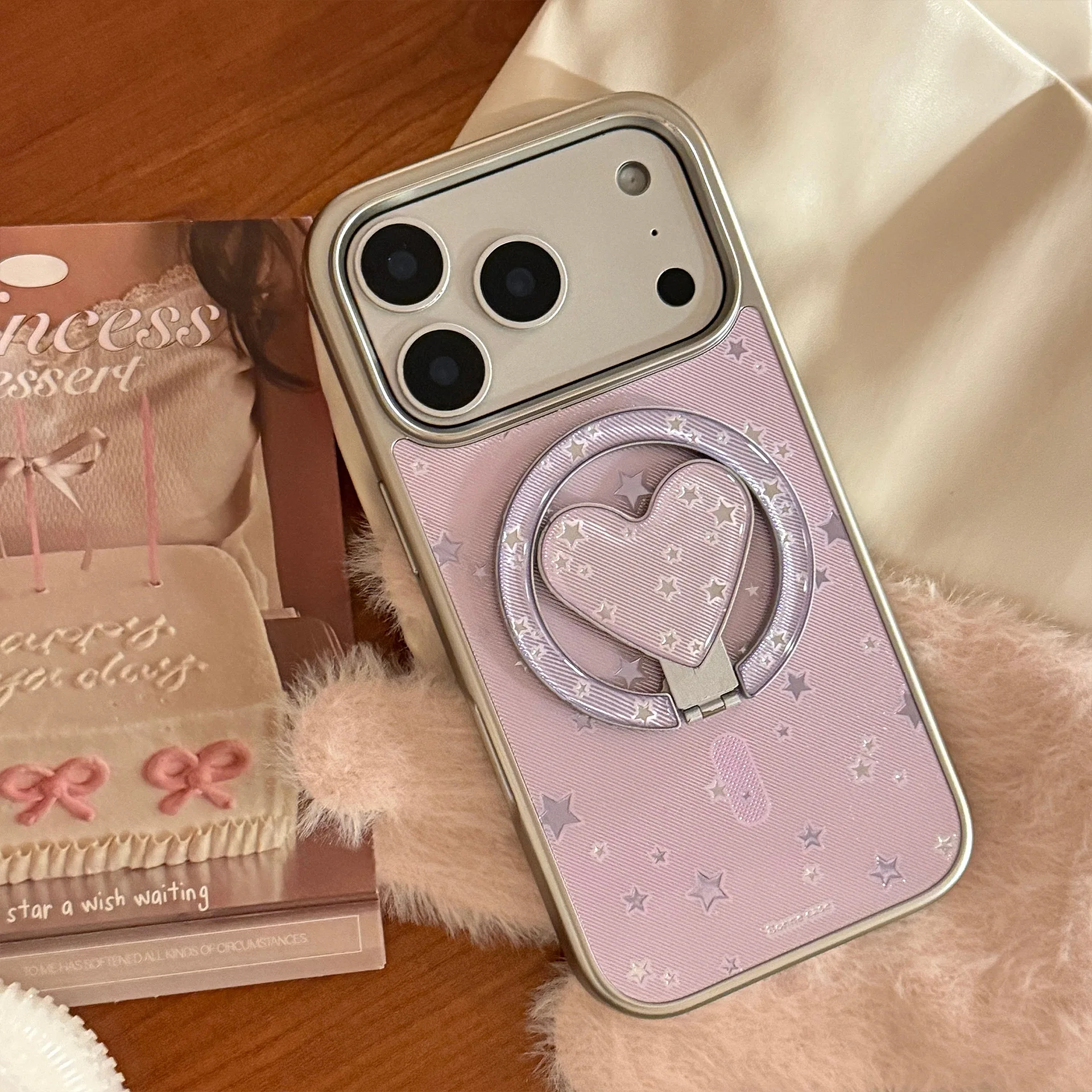 Koreanische Lila Sterne Falten Liebe Herz Halterung Magnetische Telefon Fall Für iPhone 17 Air 16 15 14 13 12 Pro max Stoßfest Hard Cover