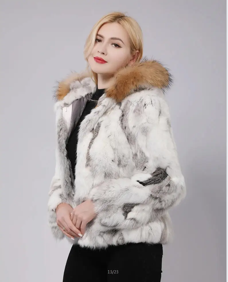New Hooded Women's Real Rabbit Tur Coat Warm Winter Natural Color Women's Jacket Drand Hot-Selling Outerwear