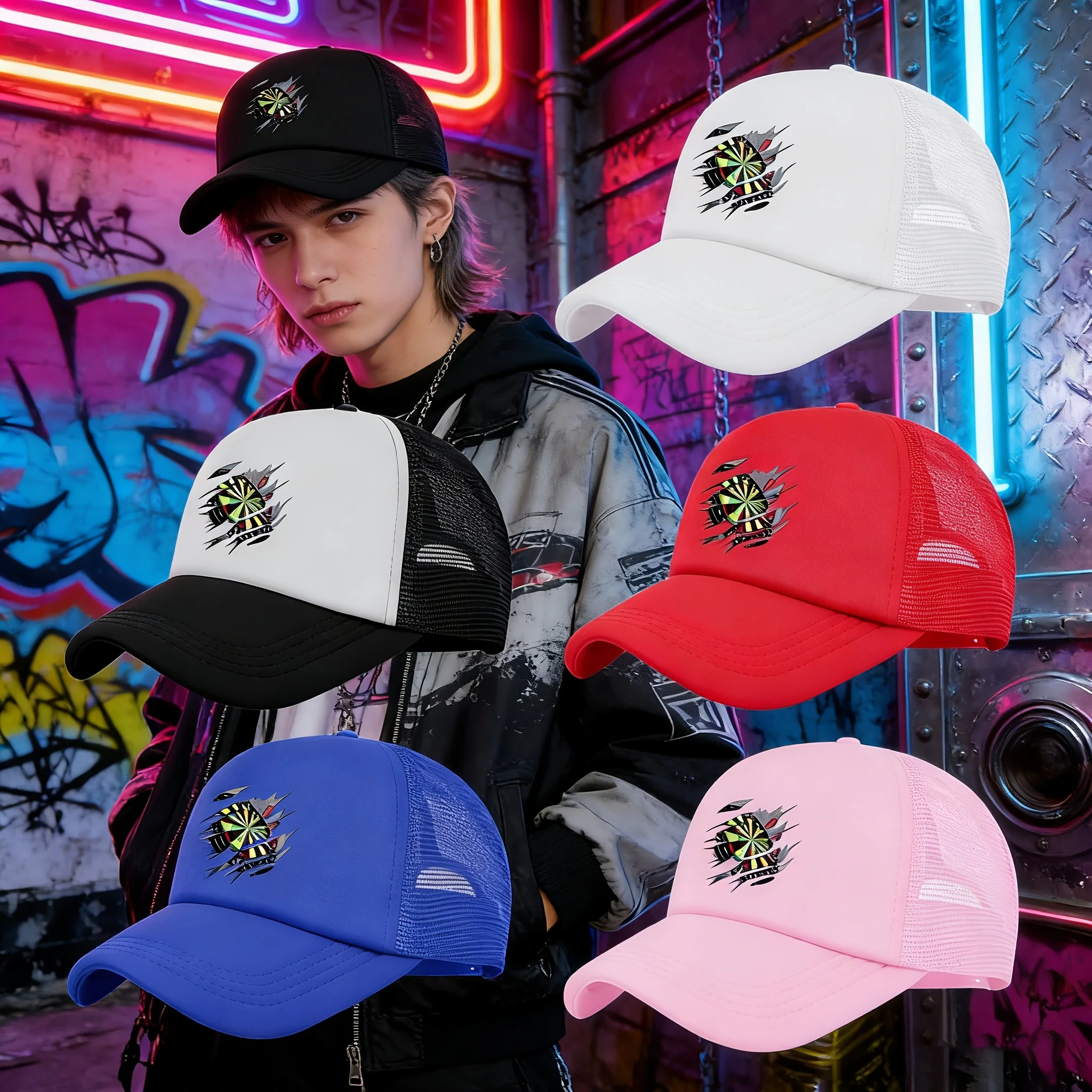 1PC Dart Wall Breaking Printed Mesh Hat! Available in multiple colors | Breathable and non stuffy+adjustable head circumference