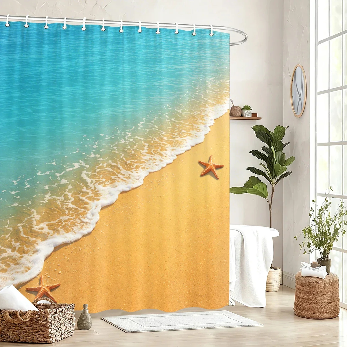 Coastal Themed Polyester Shower Curtain - Beach & Lighthouse Printed Bath Curtain, Stylish Bathroom Decor