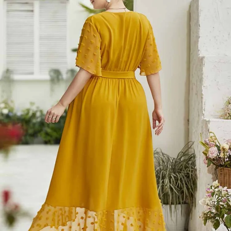 L-4XL Plus Size Dresses for Women 2023 Summer Yellow Short Sleeve Dot Mesh V Neck Bandage Casual Elegant Evening Long Dress