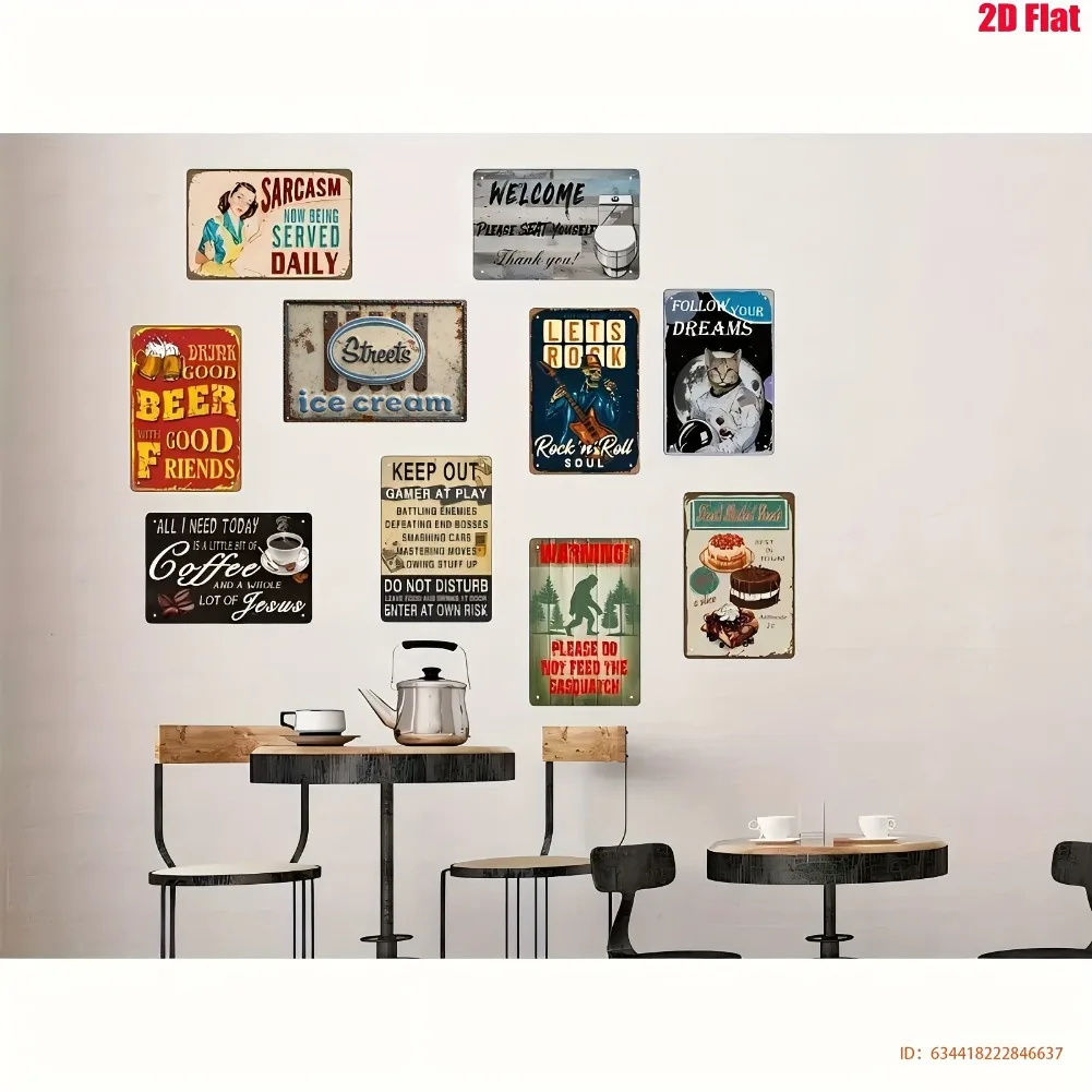 لافتة مسطحة ثنائية الأبعاد، قطعة واحدة من لافتة صالون الآيس كريم العتيقة - لوحة معدنية على طراز عشاء 50s/60s مع حروف فيروزية - حديد عالي التحمل