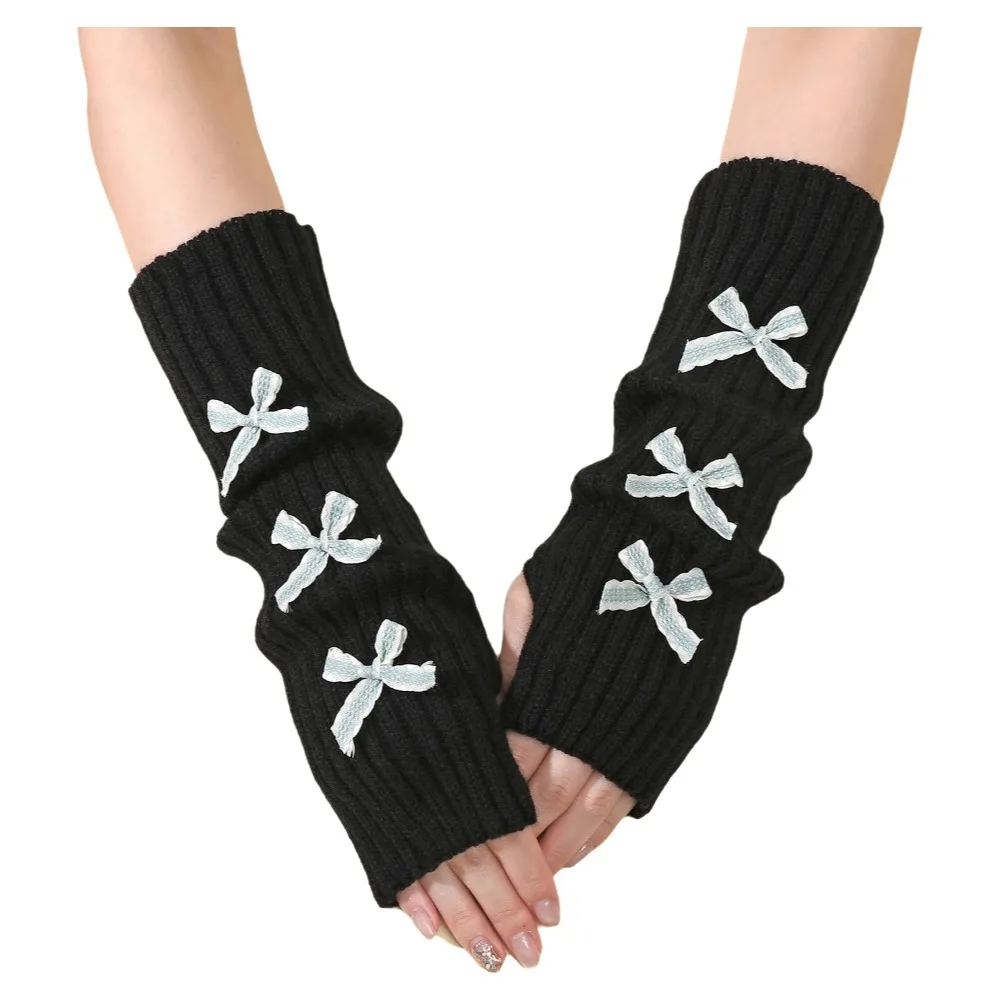 Cute Thicken Bow Arm Warmers Long Knit Bowknot Y2K Fingerless Gloves Sweet Soft Knitted Sleeve Cover Girl