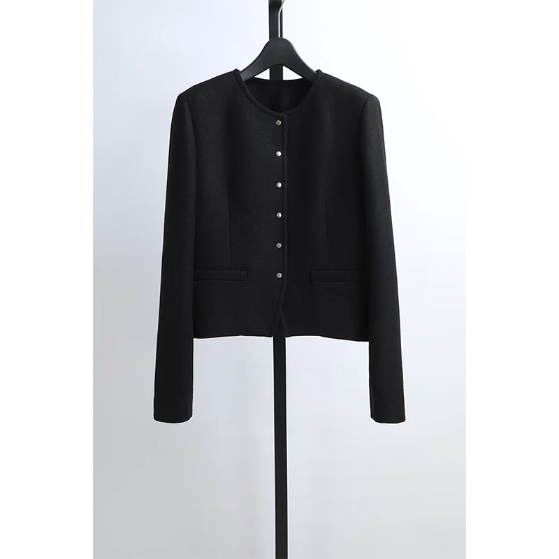 

Kuhpls Women's Casual Straight Woolen Short Jacket Spring 2026 round Neck Button up Long Sleeve Regular Fit Fashion Apparel