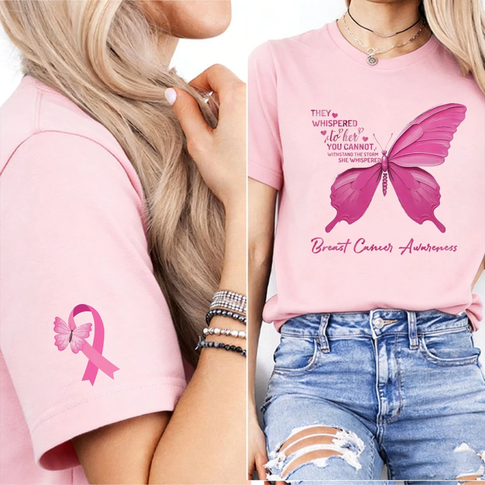 Pink Butterfly Breast Cancer Awareness Women T-Shirt Butterfly Ribbon Cuff Print Survivor Motivational Hope Faith Casual Tee Top