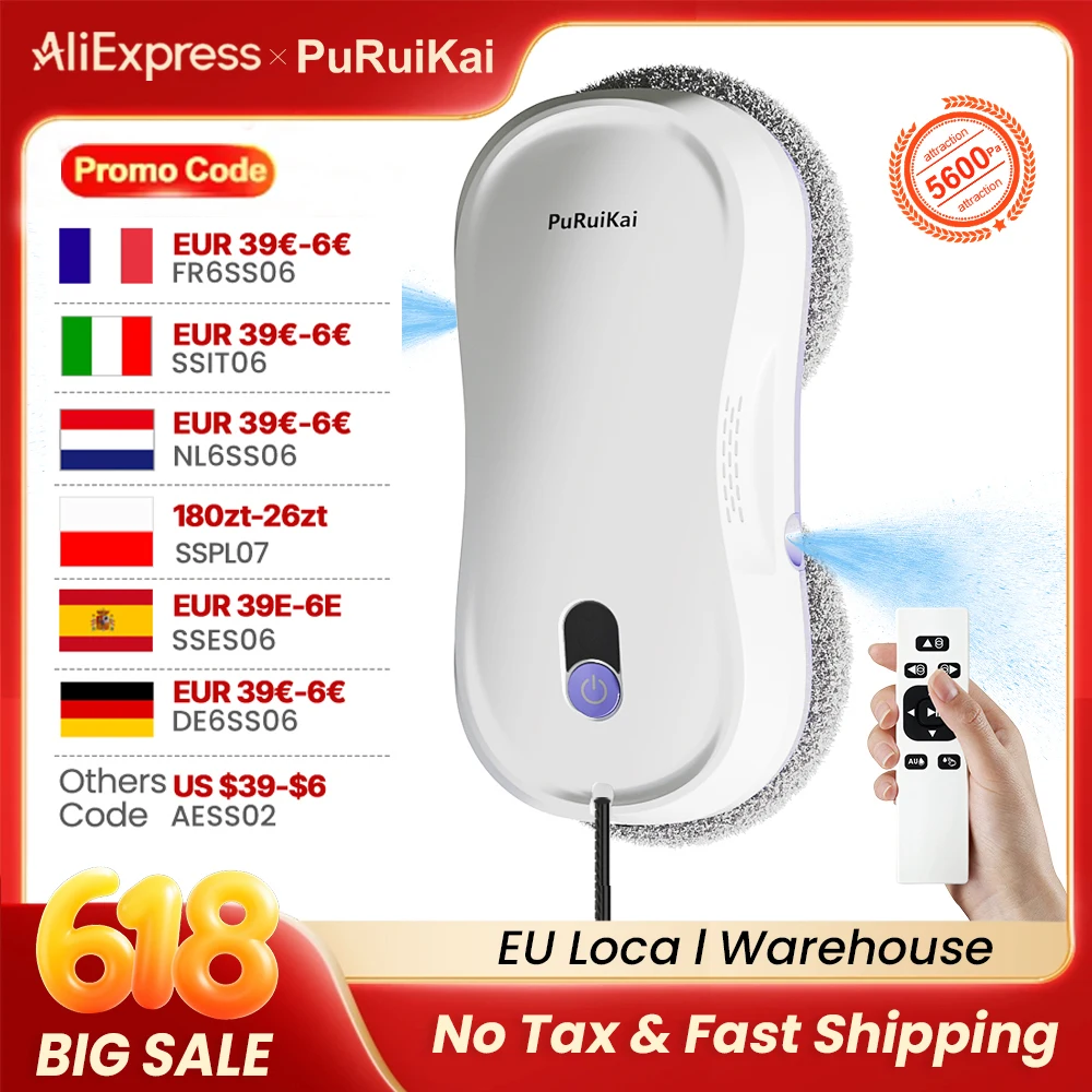 Robot de nettoyage de fenêtres portable PuRuiKai, nettoyage intelligent avec pulvérisateur d'eau à double buse, télécommande