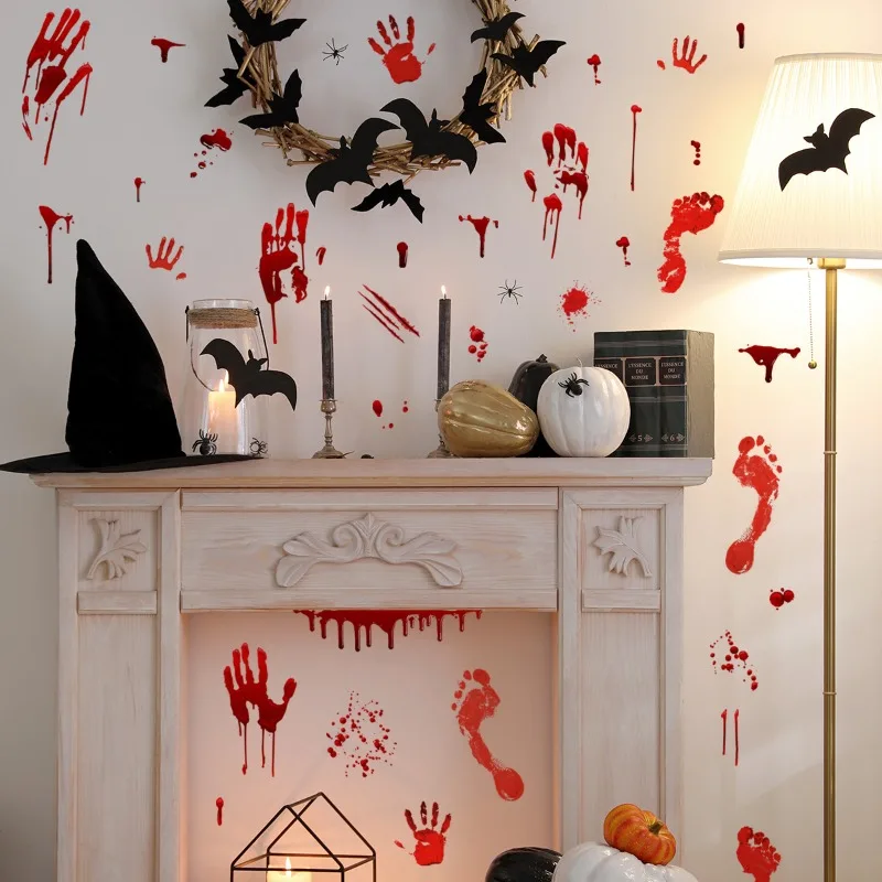 

Halloween Bloody Handprints and Footprints Horrible Wall Stickers Party Home Door Window Bathroom Decoration