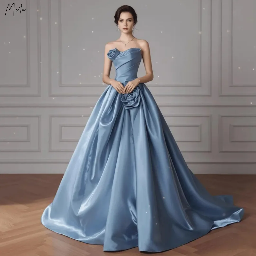 

Синие платья для выпускного вечера трапециевидной формы Mila, элегантные вечерние платья без бретелек на заказ, с высоким и низким шлейфом, платья de fiesta 2025