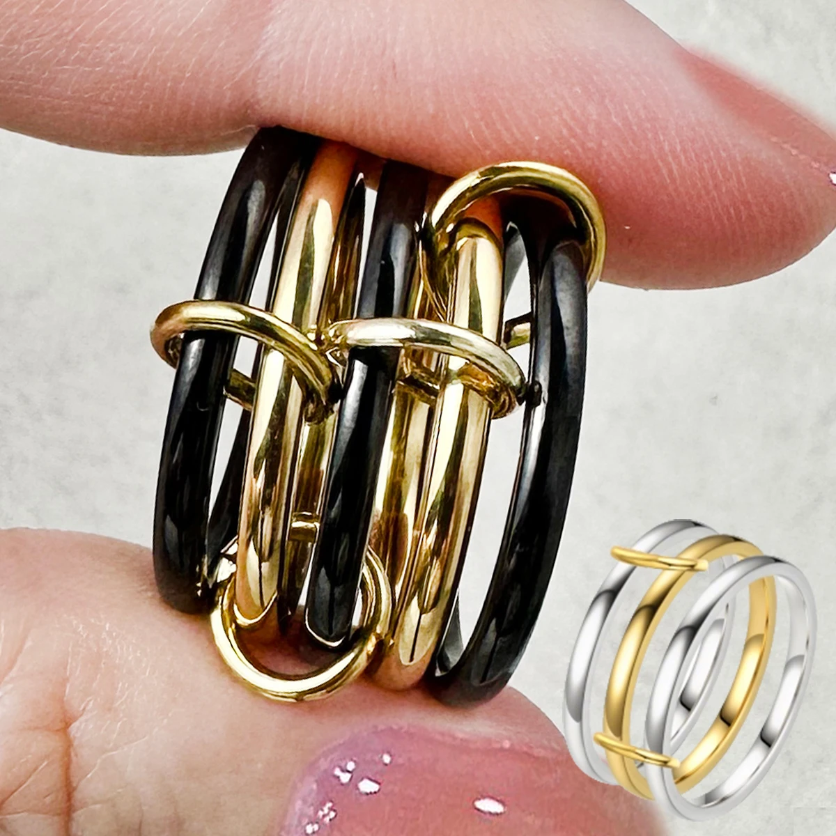 Juego de 5 uds de anillos de acero inoxidable, Color negro y dorado, Simple INS, cadena de eslabones hecha a mano nuevos, anillo Spinelli Kilcollin para mujeres y hombres, joyería