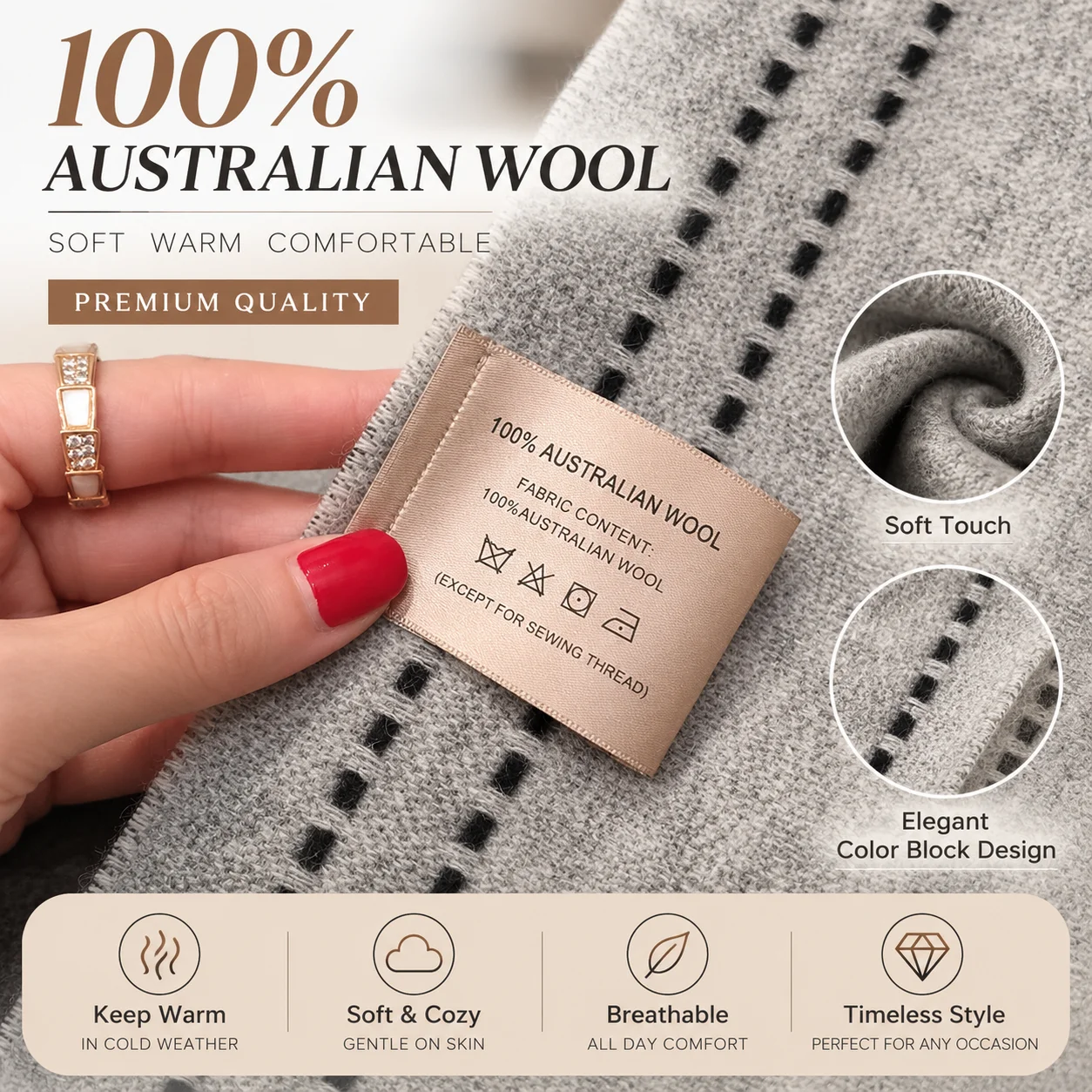 Damen 100% Wollschal, doppelseitig, Farbblock, dick, warm, mit Fransen, für Herbst und Winter, weicher Pashmina-Wickelschal für Reisen – Detail 1