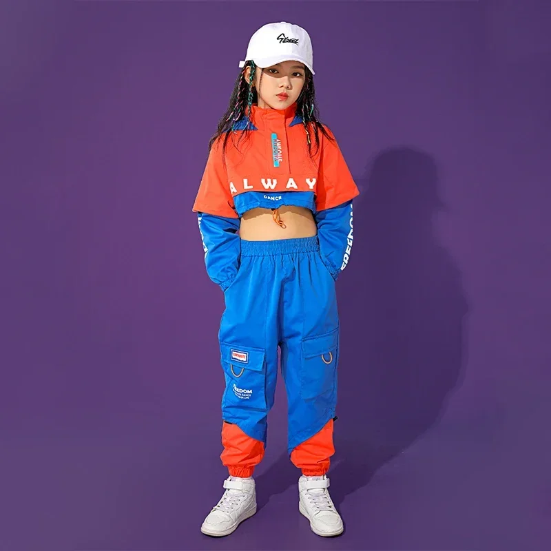 Hip Hop Dance Costume Boys Girls Long Sleeve Hiphop Clothing Hooded Tops Blue Pants Ballroom Jazz Dance Clothes Show Wear BL5187