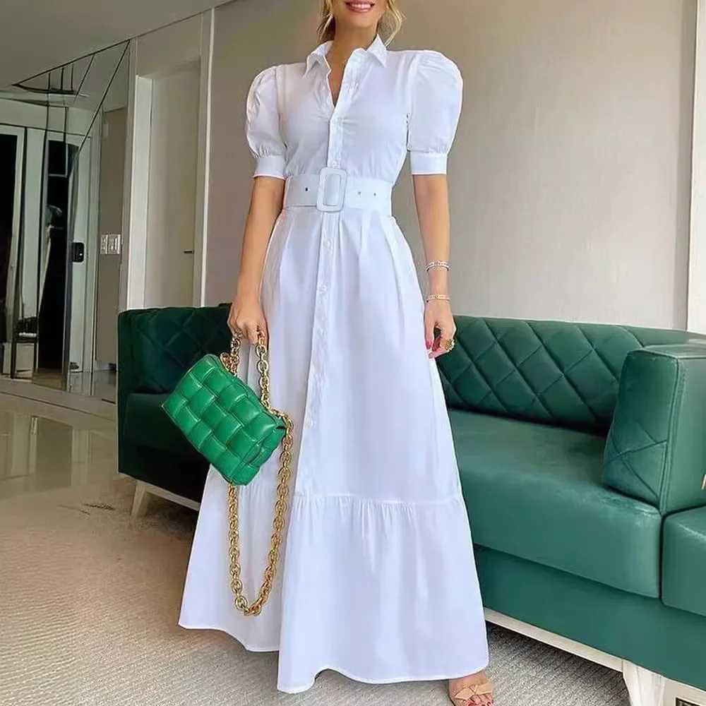 New European and American style commuter long short sleeve swing dress with belt