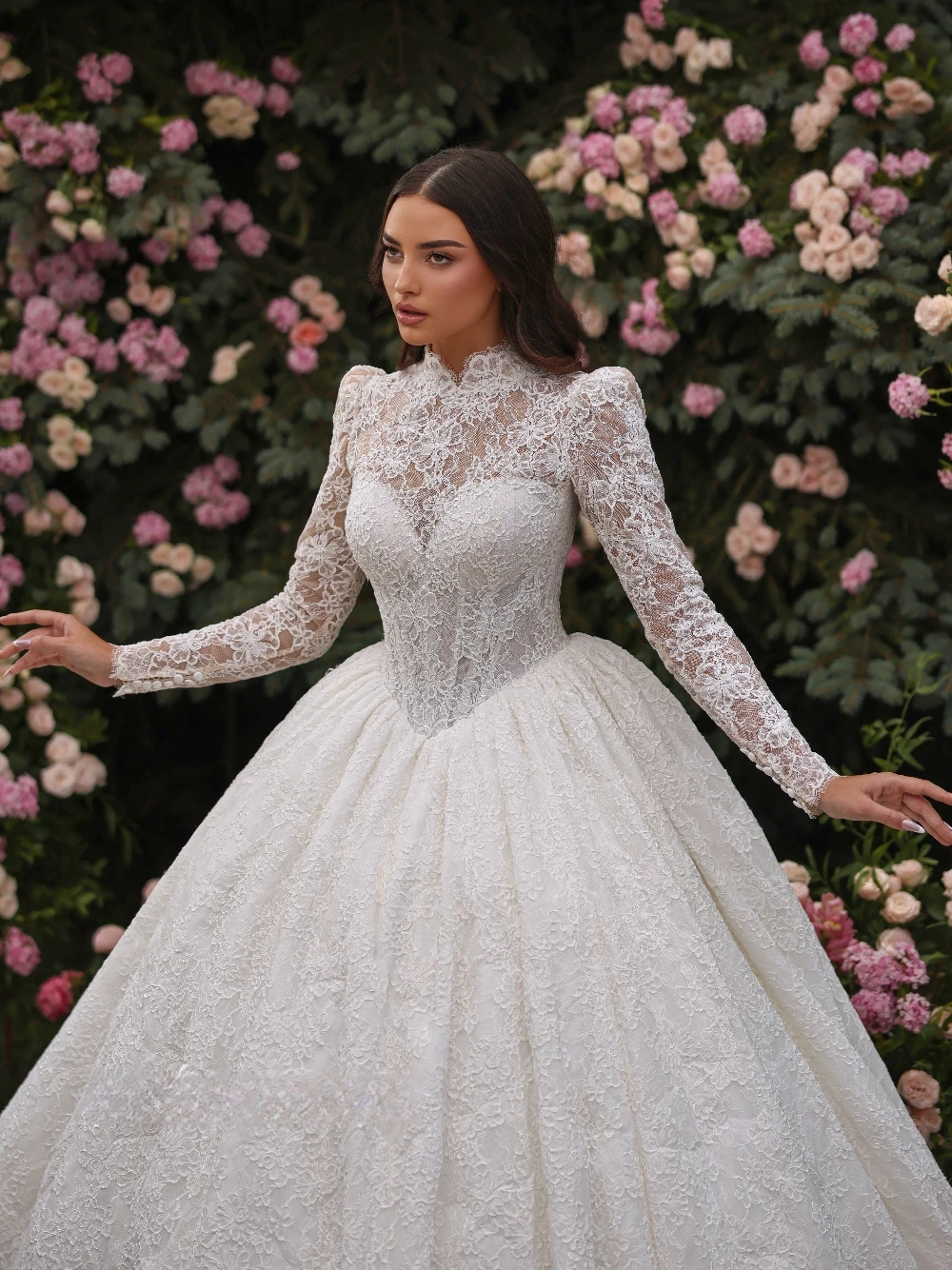 

Richly Princess Lace Wedding Dress Modest High Neckline Customized Ball Gown Women's Elegant Stunning Corset Bride Wear